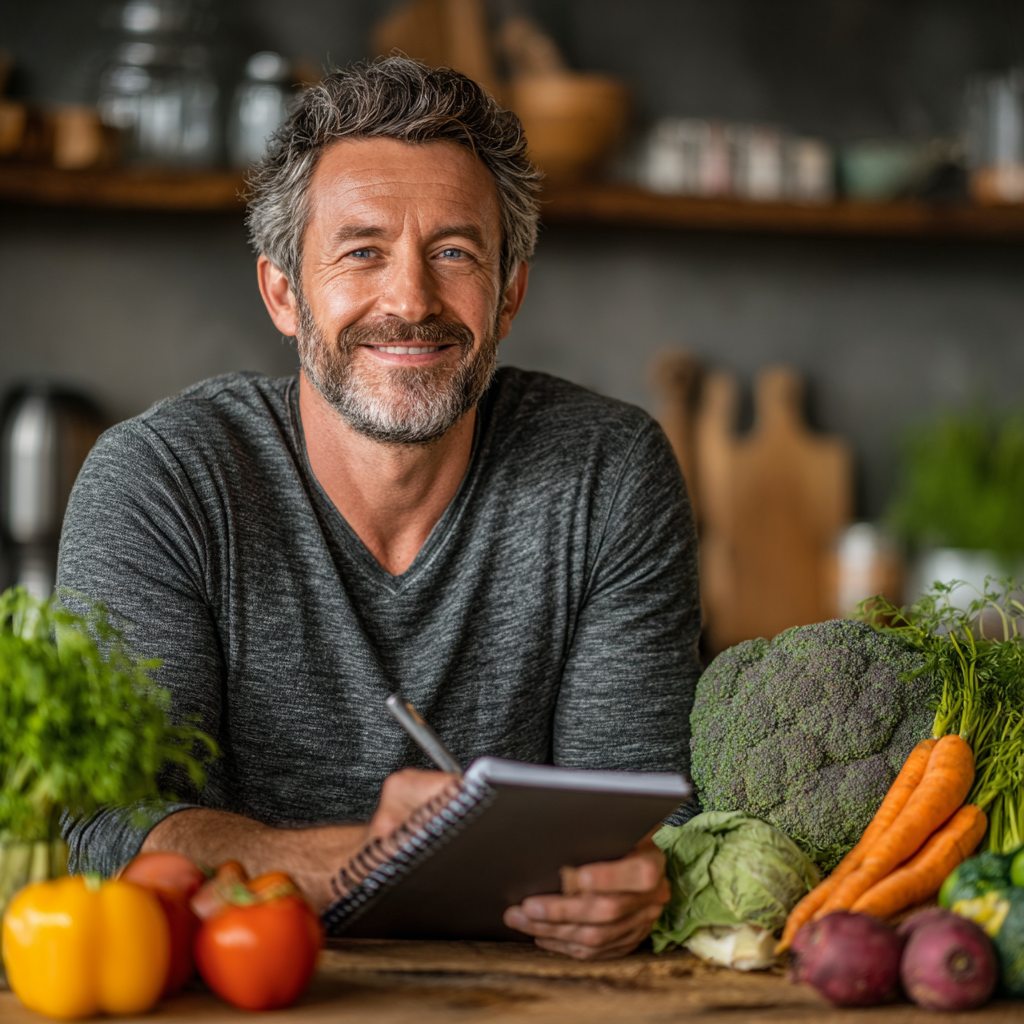 Fit man in his 40s holding a nutrition journal and smiling, sitting at a dining table with fresh vegetables and fruits, looking healthy and energetic