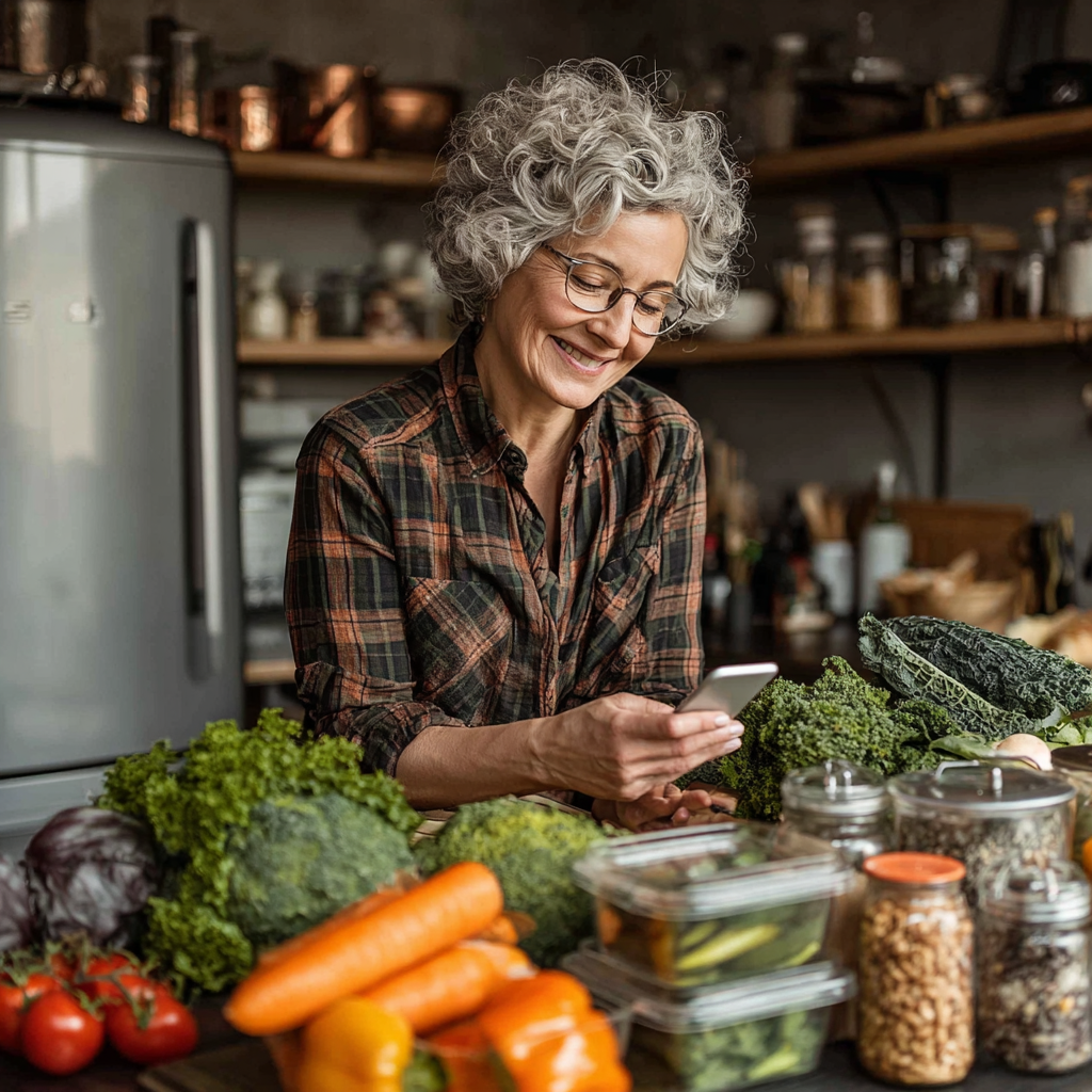 Happy woman in her 45 years old preparing a nutritious meal in the kitchen, surrounded by fresh vegetables and meal prep containers, smiling while looking at her phone with meal planning app
