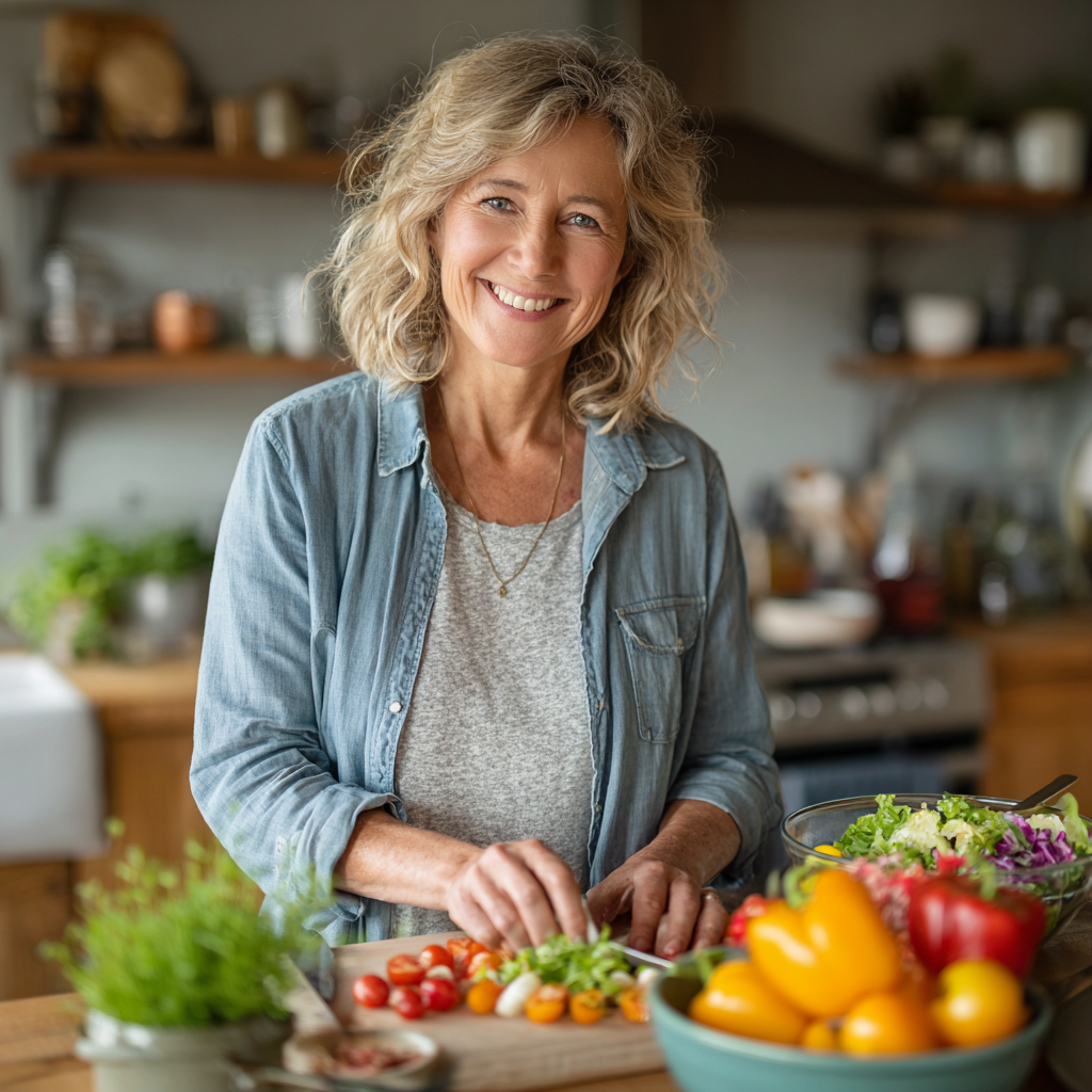 Middle-aged woman in her 50s smiling while preparing a colorful healthy salad in a bright modern kitchen, wearing casual clothing and looking confident